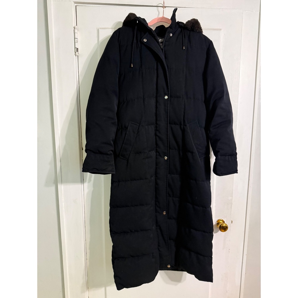 Bromley Sport Womens Real Down Long Puffer Coat Black Faux Fur Hood Size M